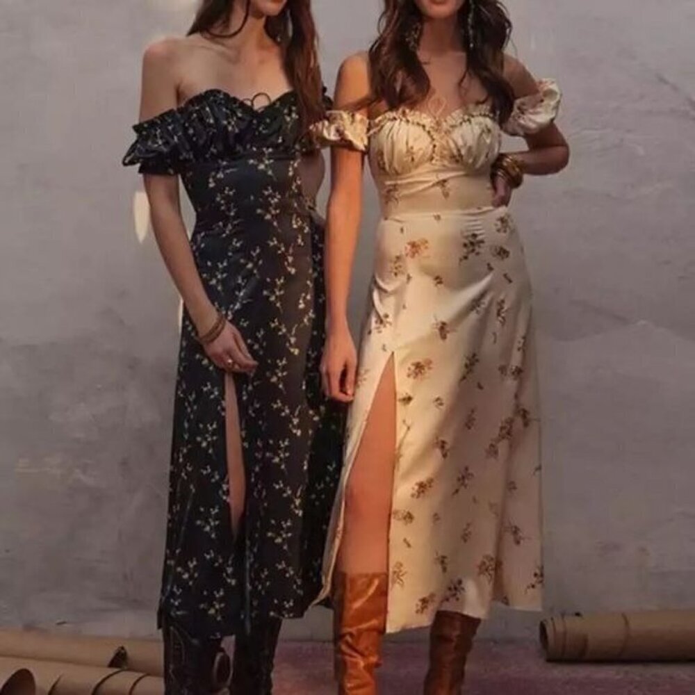 Summer Floral Off Shoulder Puff Sleeve Maxi Dress Woman Sexy Up Side Split